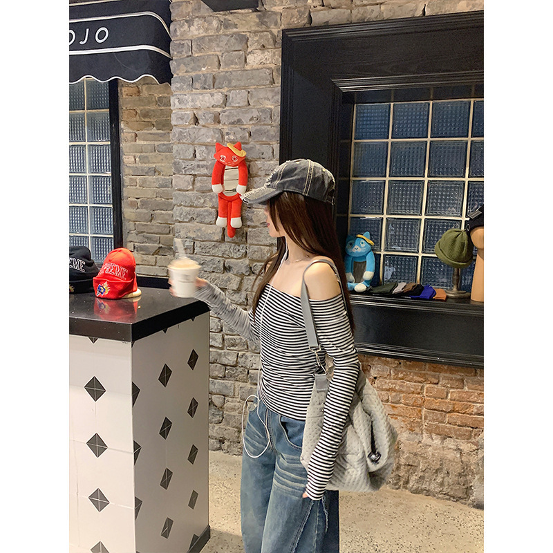 韓国版スリムフィットワンショルダー長袖Tシャツ2025春新作カラーブロックストライププルオーバートップ女性用|undefined