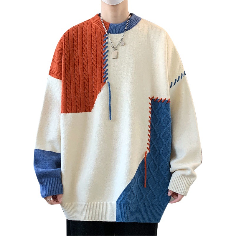 Anyang contraste color cuello redondo suéter hombres Otoño e Invierno nueva marca de moda suéter perezoso estilo diseño suelta pareja suéter