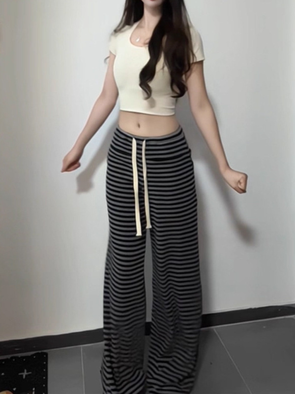 槿一 垂感懒懒裤 条纹慵懒风针织休闲裤女小个子宽松低腰长裤百搭|undefined