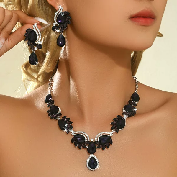 Amazon E-Commerce European and American Gemstone Necklace and Earring Set, Fashionable Bridal Banquet Dress Accessories Wholesale