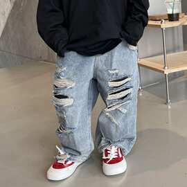 男童薄款牛仔裤夏季破洞裤子儿童夏款阔腿裤长裤中大童夏装休闲裤