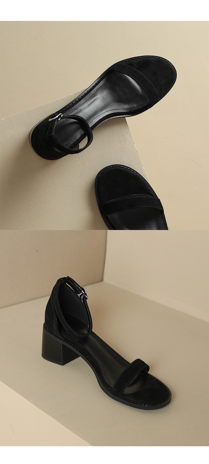 Sandal nữ hở mũi gót thô quai ngang khóa bấm — Màu Đen [da cừu] chi tiết 13