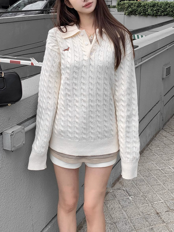 [Puppy Diary] Dachshund Embroidery Burlap Polo Collar Sweater Women's Lapel Knitted Top