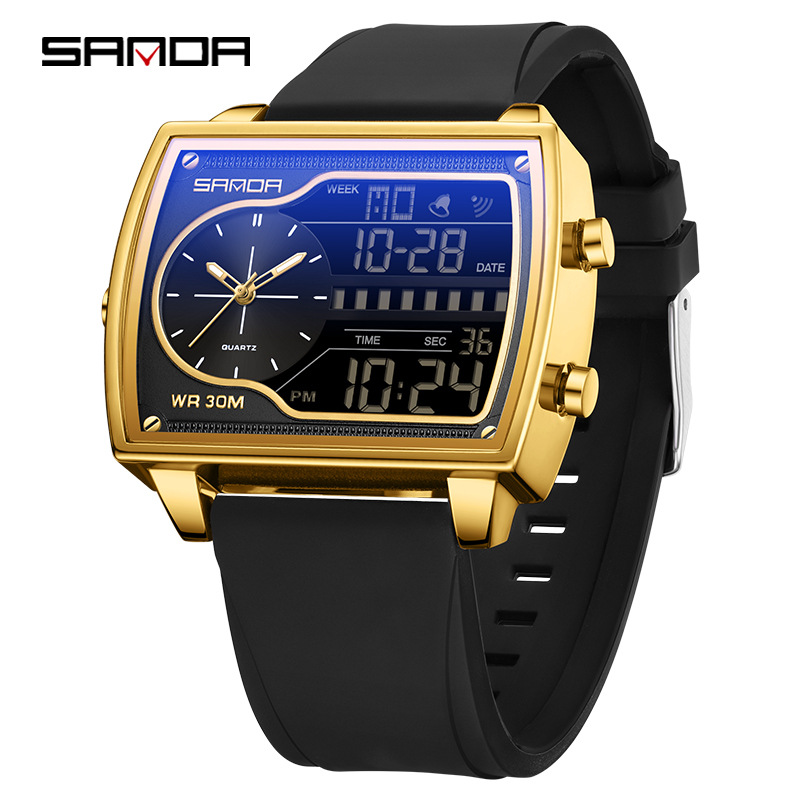 SANDA SANDA 6163 nuevo reloj electrónico de moda doble pantalla multifuncional reloj de hombre impermeable calendario de luz nocturna reloj de hombre