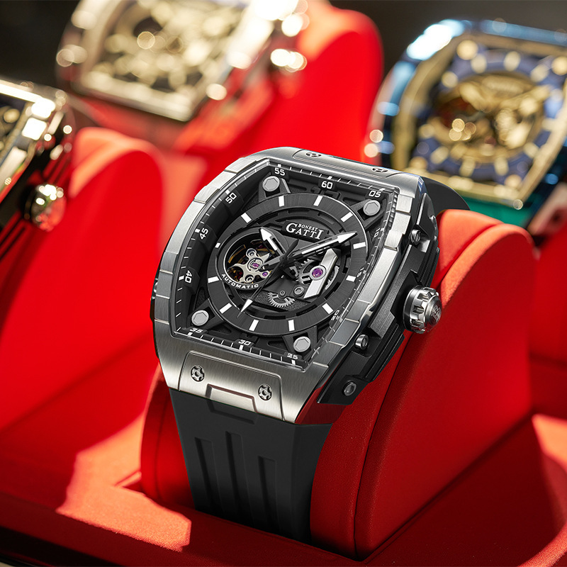 Bugatti Brand Watch Men's Fashion Barrel-Shaped Hollow Business Waterproof Luminous Fully Automatic Mechanical Watch