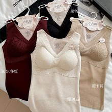 轻奢羊毛蚕丝保暖背心女秋冬高级感蕾丝吊带性感V领带胸垫打底衫