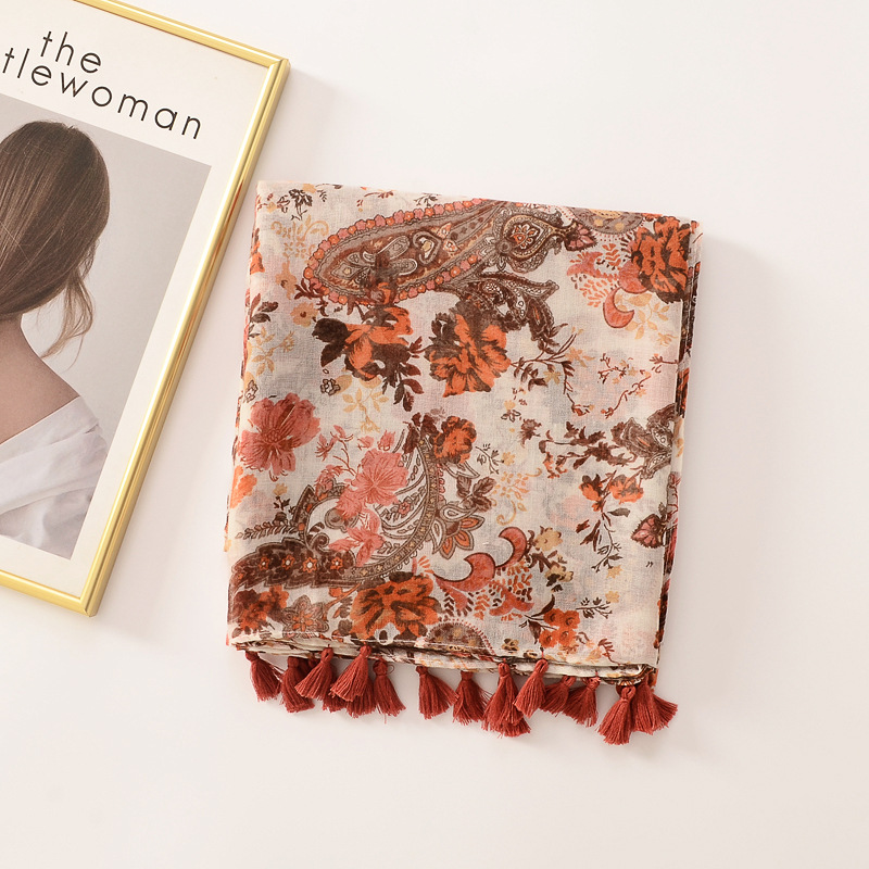Estilo étnico vintage hilo de seda algodón y lino sensación bufanda anacardo impreso bufanda grande viajes protector solar chal toalla de playa