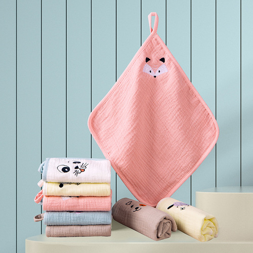Crepe cotton gauze square towel baby face towel six-layer embroidery kindergarten mouth towel infant saliva towel
