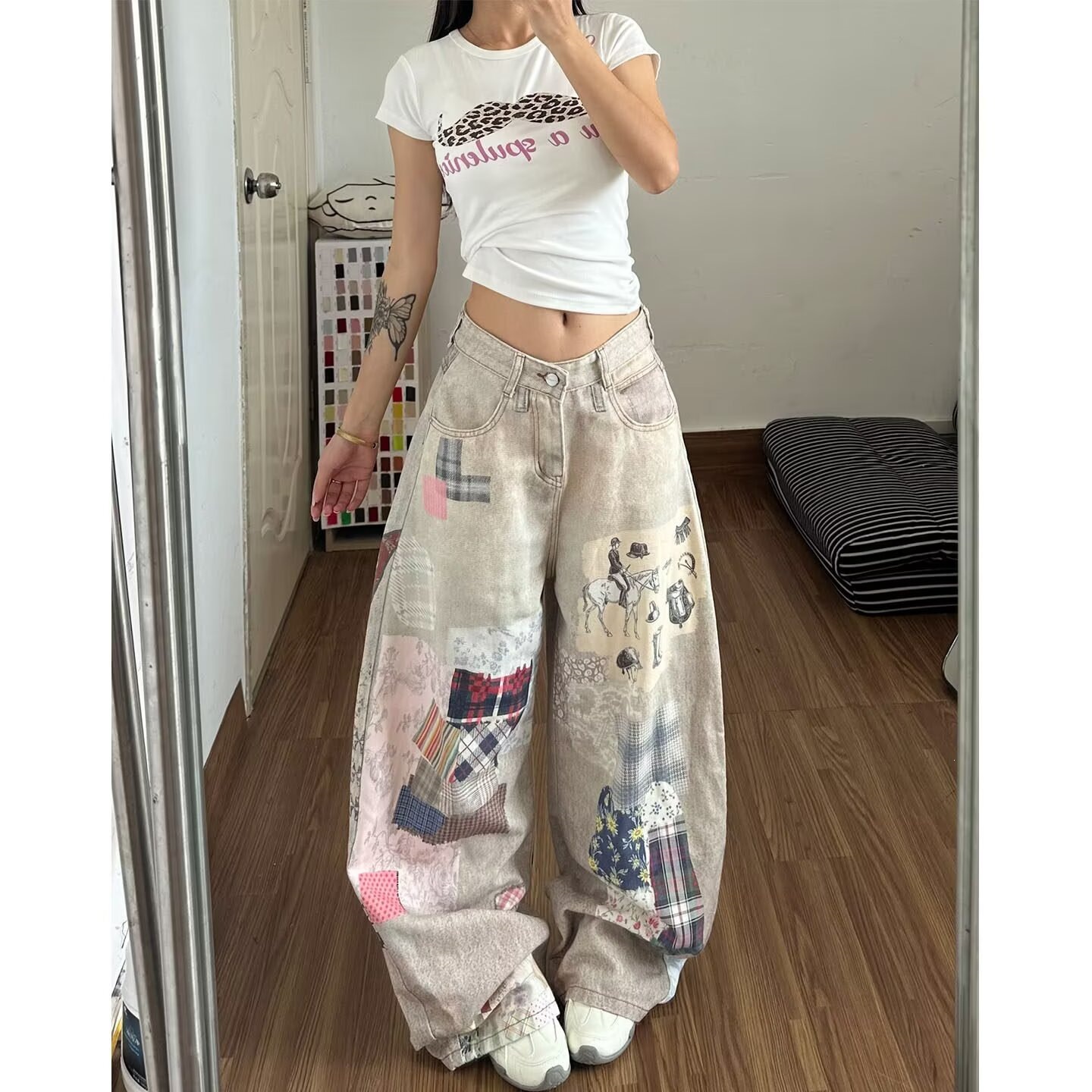 美式复古做旧3D打印格纹拼图弯刀牛仔裤男女潮牌宽松阔腿裤直筒裤