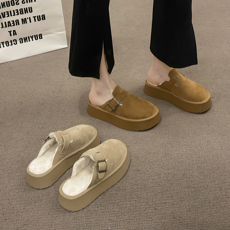 여성용 BIRKENSTOCK 신발 2024 새로운 가을, 겨울 두꺼운 밑창 플러스 벨벳 BIRKENSTOCK 하프 슬립 슬립 온 슬리퍼