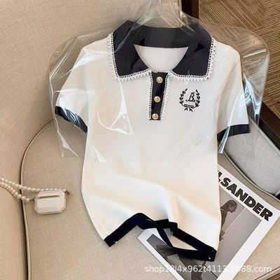 撞色短款刺绣冰丝针织衫polo领短袖上衣女夏百搭翻领T恤清新风|ru