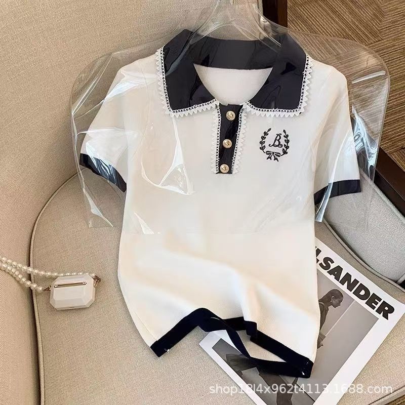 撞色短款刺绣冰丝针织衫polo领短袖上衣女夏百搭翻领T恤清新风|ru