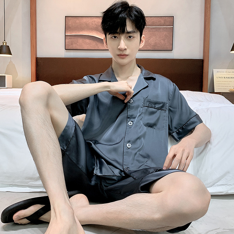 남성 잠옷 여름 시뮬레이션 실크 남성 여름 반팔 양복 얇은 봄, 가을 실크 가정 의류 2025