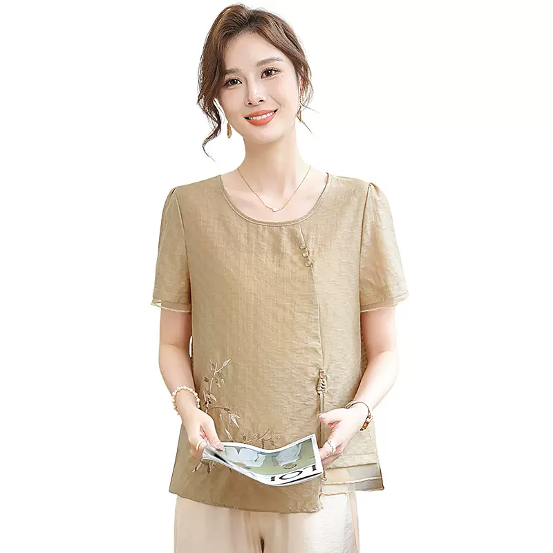 妈妈夏装棉麻上装2025新款中老年人洋气夏季短袖上衣国风棉绸女装