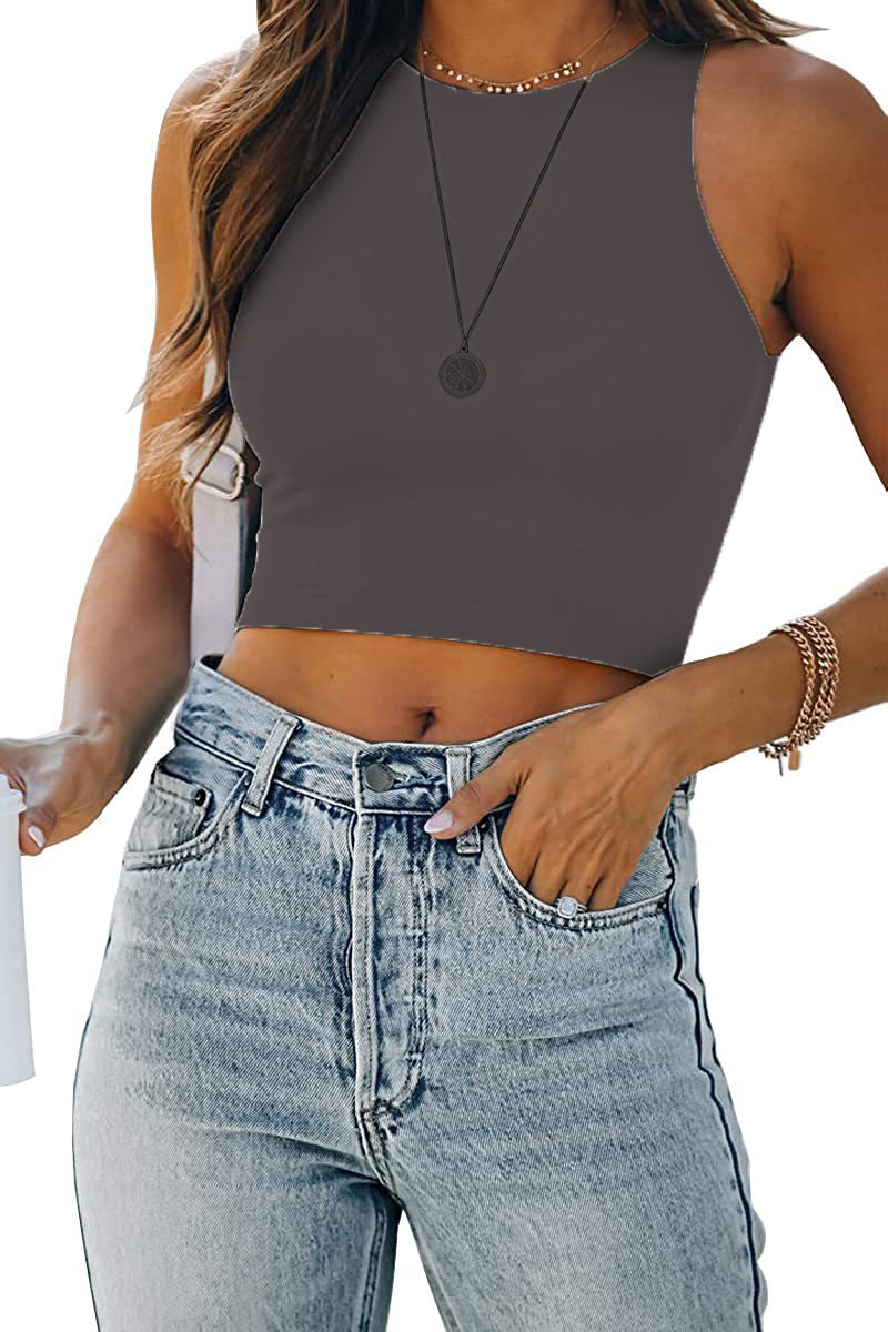 2023 verano transfronterizo Amazon color sólido nuevo deseo europeo y americano sin mangas cuello redondo chaleco en forma de I camiseta Comercio exterior ropa de mujer