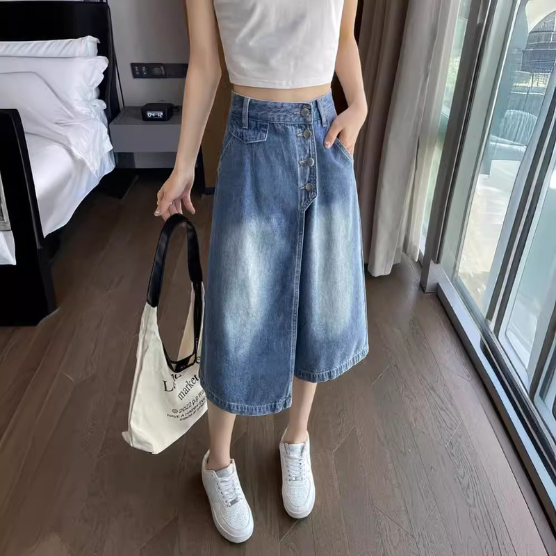 Half-length Denim Skirt Spring and Autumn Fake Two-piece Culottes Women's Capri Pants Summer Hong Kong Style New Arrival Pants High Waist Wide-leg Trendy Pants