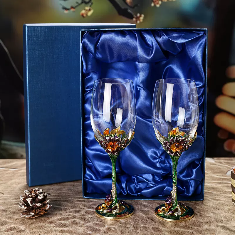 高端创意鸢尾珐琅彩雕花红酒杯商务高脚杯家居礼品套装葡萄酒杯