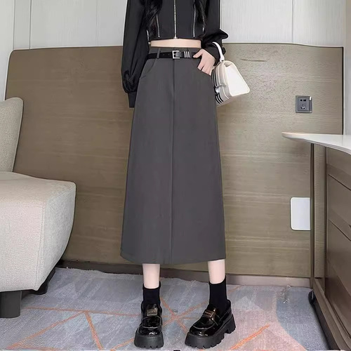 Women's Black Suit Skirt Spring and Autumn High-Waisted Slimming A-Line Skirt with Slits Elegant and Versatile