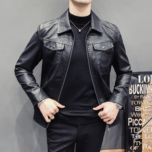 Autumn and Winter new men's quilted casual leather jacket men's motorcycle jacket slim Korean lapel men's PU leather jacket