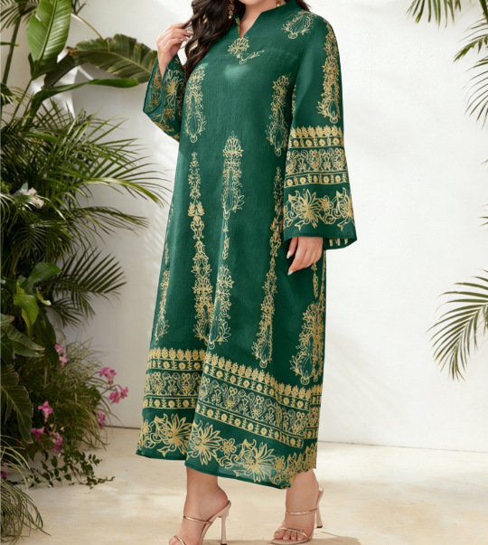 Exclusive Cross-border Supply Of Middle Eastern Embroidered Robes, Plus-size Women's Green V-neck Bell-sleeve Loose_ecoleips.com