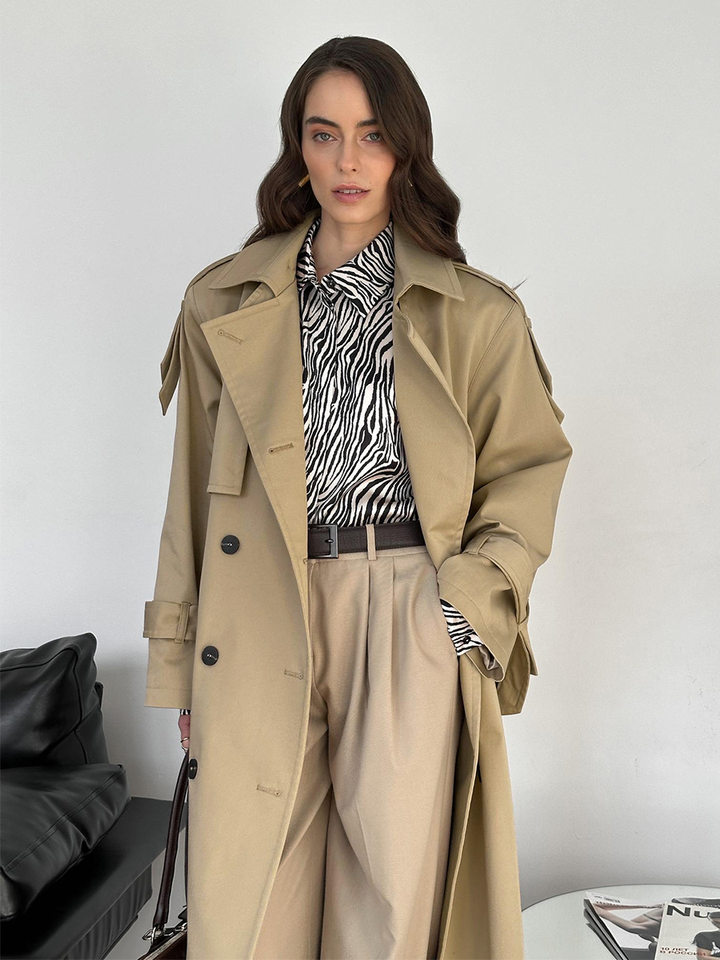 Áo khoác trench coat nữ dáng dài phong cách Âu Mỹ, chất liệu cotton, form rộng có dây thắt eo — Màu kaki, màu xám chi tiết 30