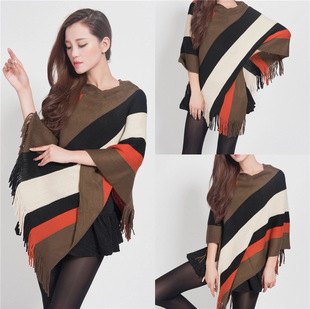 Amazon Autumn and Winter New Striped Pullover Tassel Knitted Shawl Contrasting Color Knitted Sweater Cloak Coat Shawl