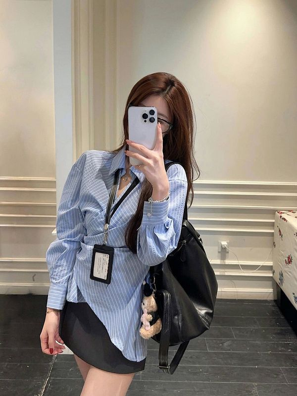两件套装女休闲系带收腰交叉翻领衬衫女早春条纹衬衣独特别致上衣|undefined