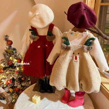 包邮女宝宝连衣裙圣诞2023冬装女童加绒泡泡袖打底衫儿童公主两件