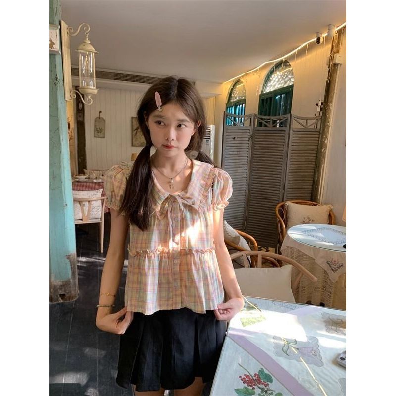 Sweet Design Loose Plaid Doll Collar Shirt Women's 2025 Early Spring Retro Niche Slim Short-Sleeved Top