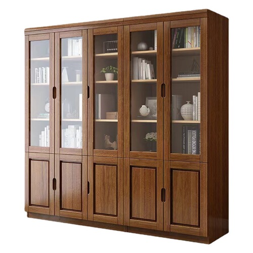 Chinese solid wood bookcase with two or three doors, featuring tempered glass, freely combinable and assembleable modern document storage cabinet