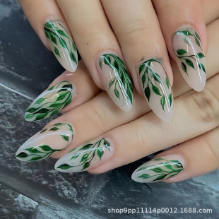 批發可拆卸假指甲綠色樹葉杏仁甲時尚清新假甲片穿戴甲成品Nails