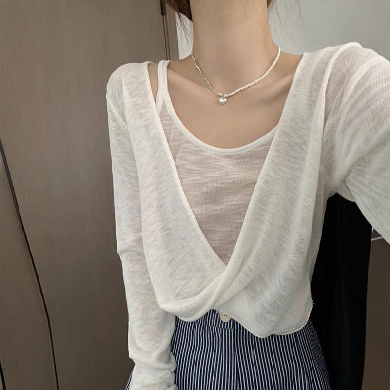 Korean Design Knotted Knitwear Suspender Two-Piece Set for Women Summer Sun Protection Blouse Unique and Beautiful Early Spring Top