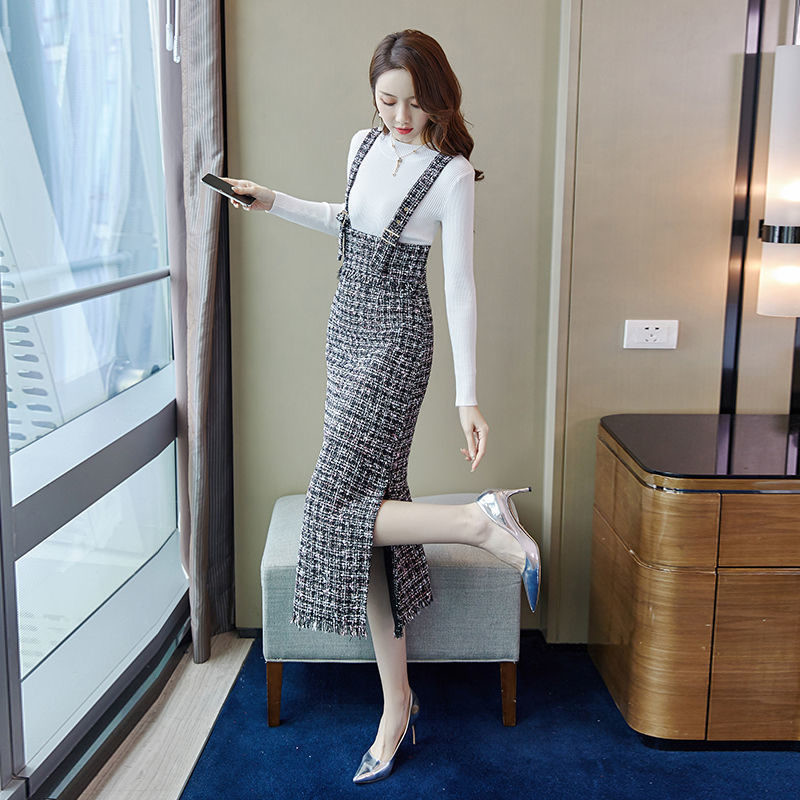 春装2025年新款女装针织两件套打底连衣裙套装裙中长款粗呢背带裙