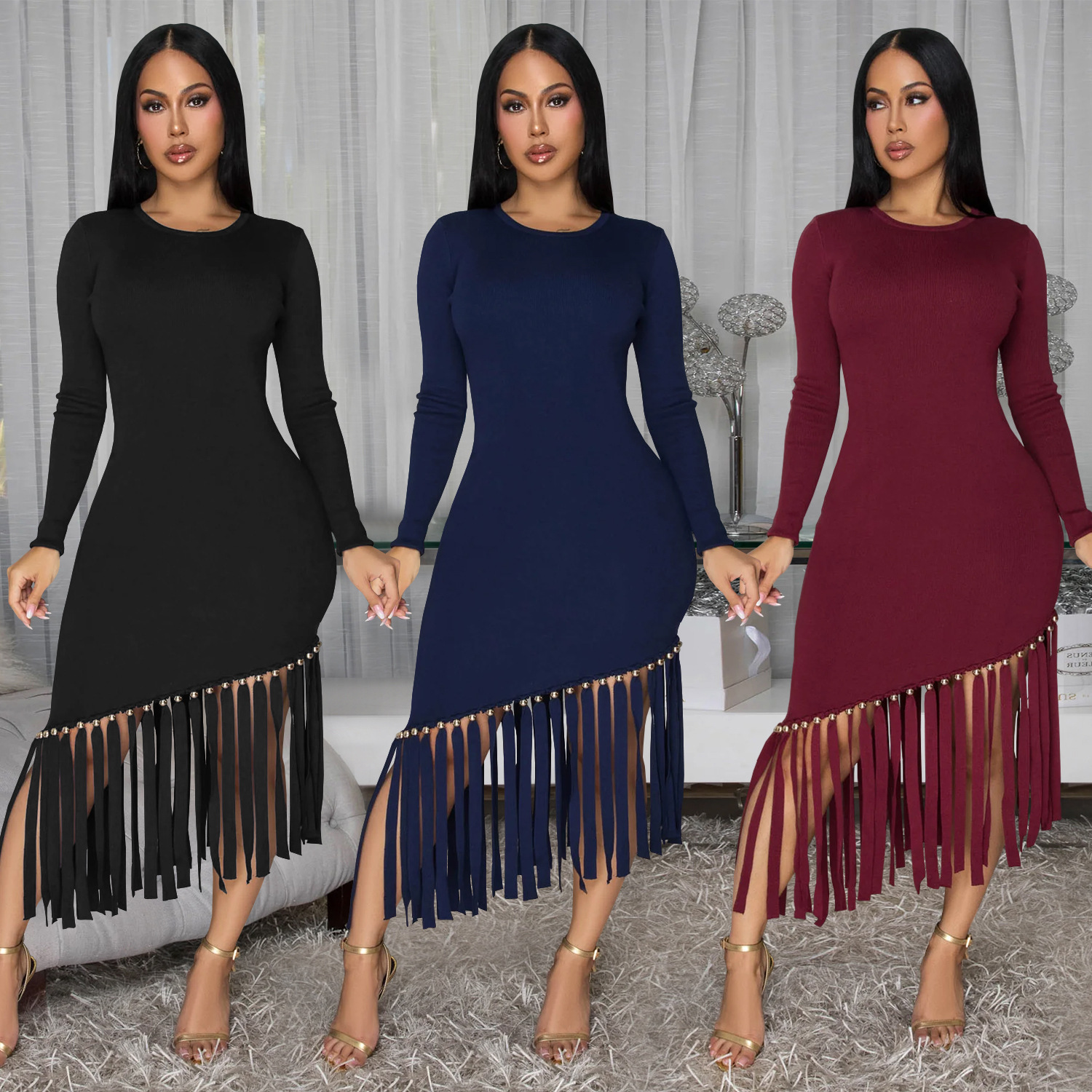 C7533 Aliexpress transfronterizo Amazon Europa y América moda femenina delgada de color sólido cuello redondo bordilla vestido de lados