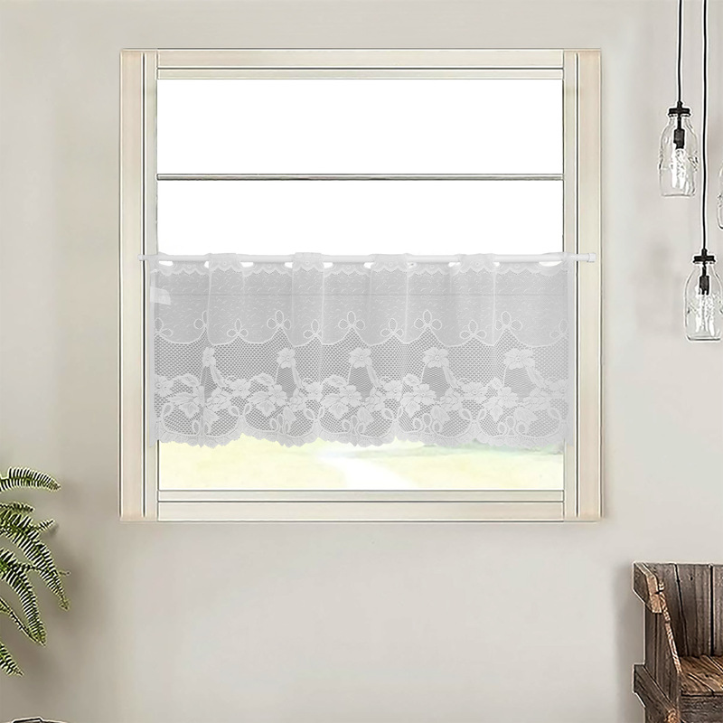 White Transparent Lace Short Curtain Floral Window Curtain Kitchen Half Window Light Veil Imitation Linen Living Room Perforated Household Curtain