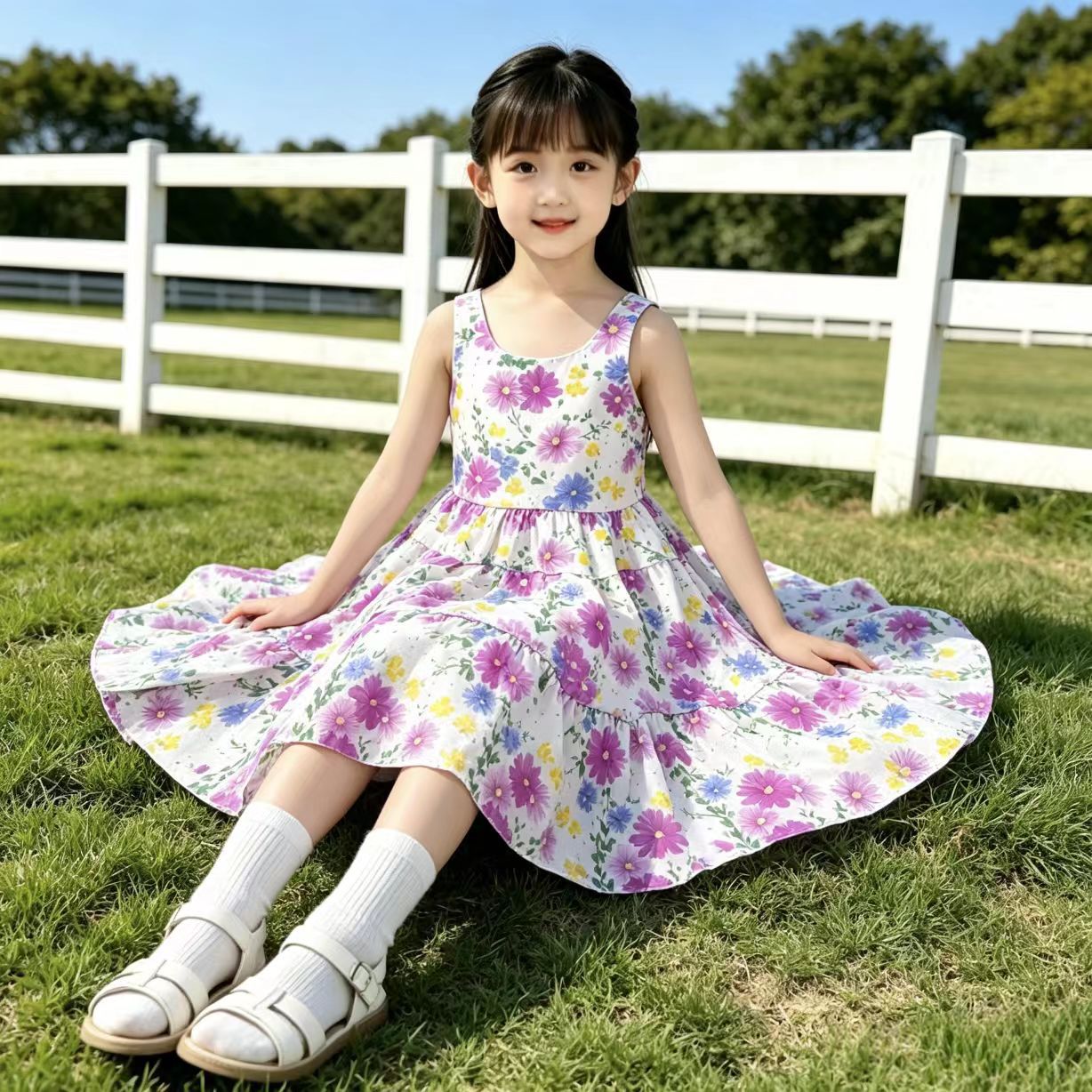 中大女童连衣裙夏季薄款棉绸吊带裙婴儿公主裙洋气蛋糕裙子夏装