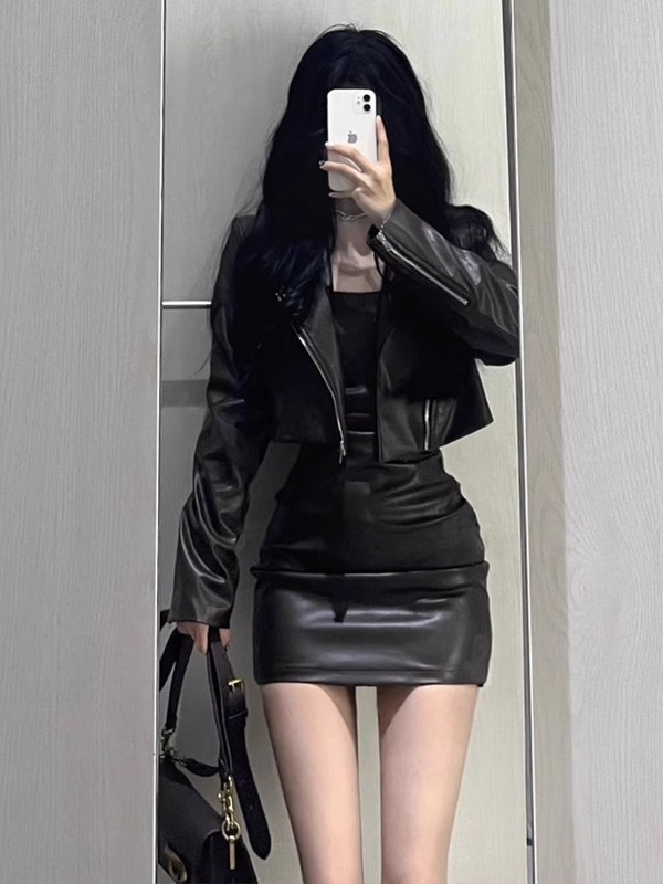 套装女2025秋季新款辣妹短款皮衣外套夹克吊带连衣裙显瘦包臀裙潮|undefined
