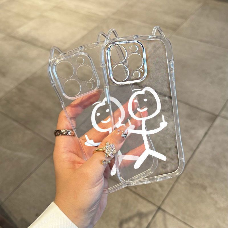 White Middle Finger Matchstick Man Cat Ear Case for iPhone 11/13/14, Transparent Anti-Drop Case for iPhone 16 Pro