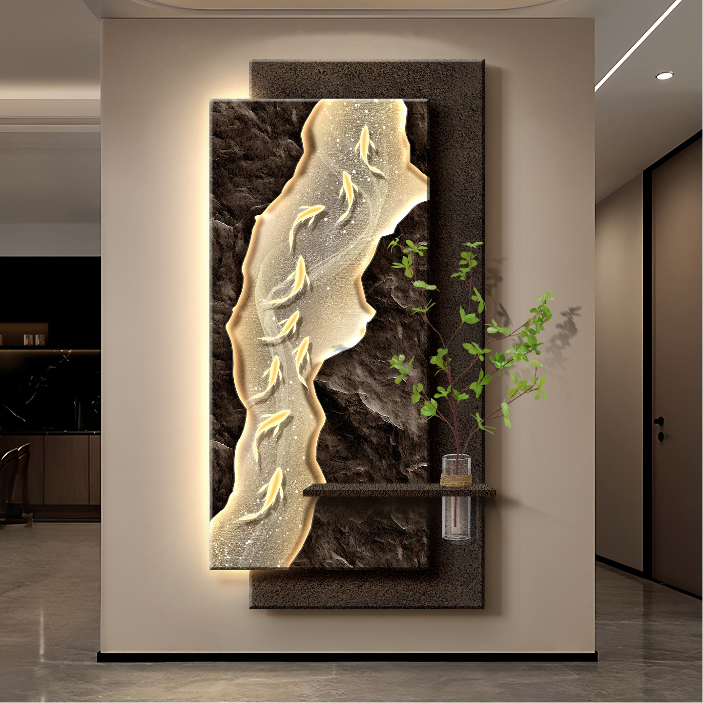 九鱼图玄关装饰画高级感砂岩画客厅入户正对门水培绿植创意挂画