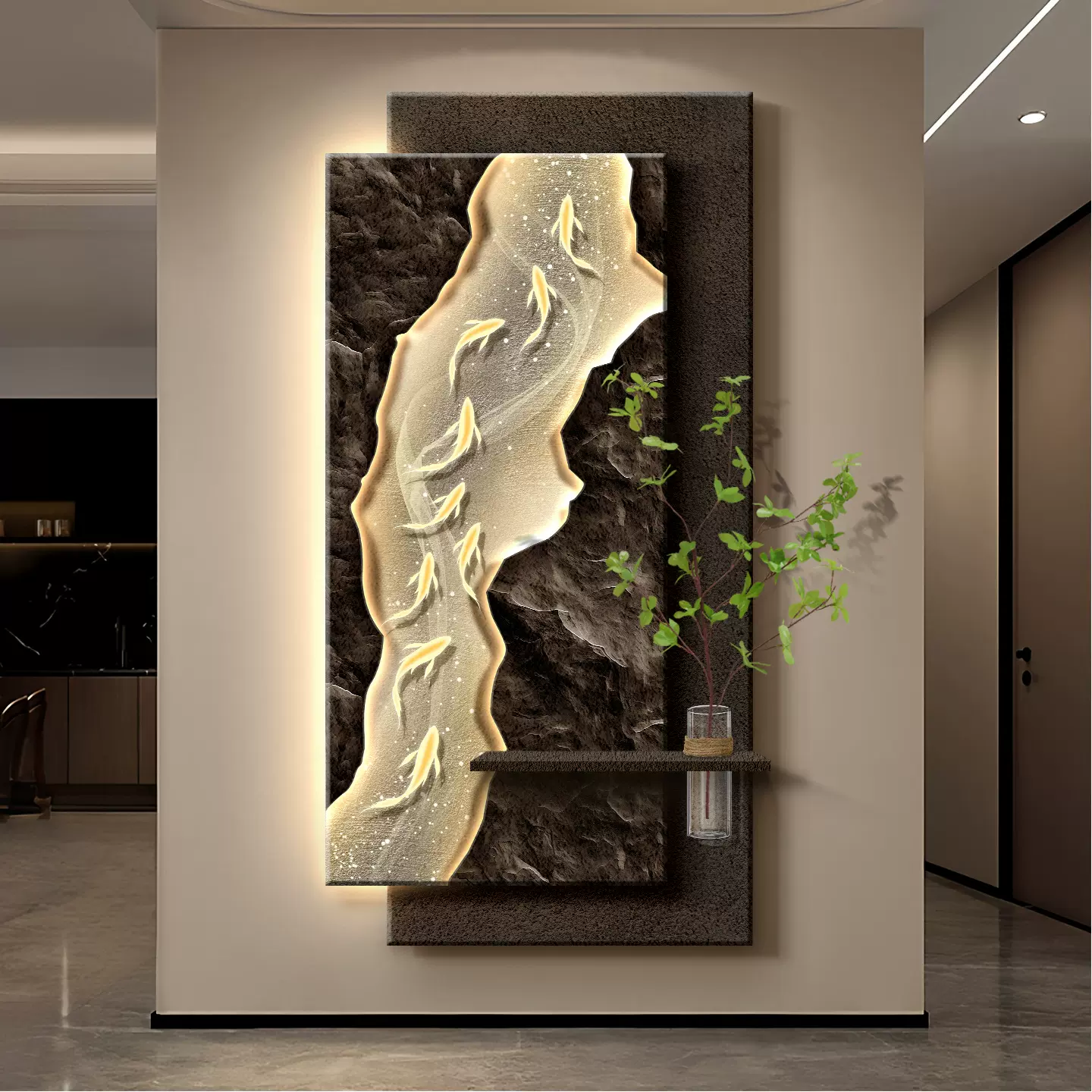 九鱼图玄关装饰画高级感砂岩画客厅入户正对门水培绿植创意挂画