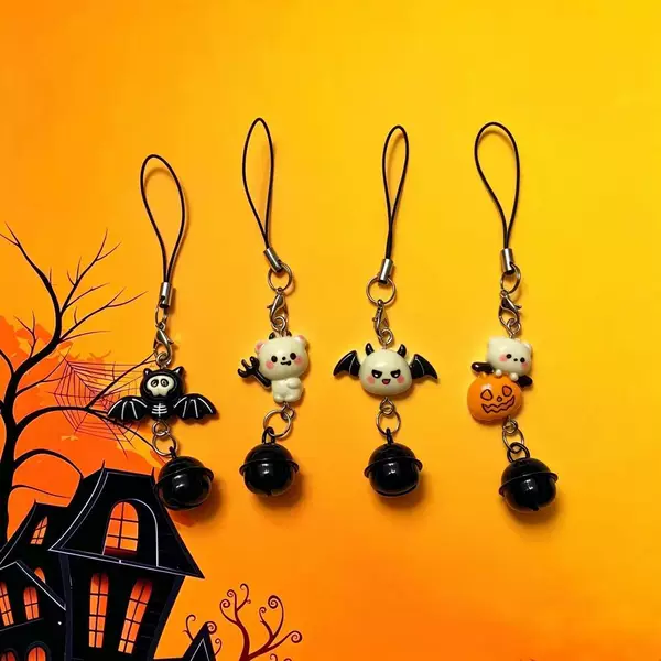 Halloween cartoon ghost bat bell phone charm, original Instagram-style quirky bag accessory, a gift for best friends