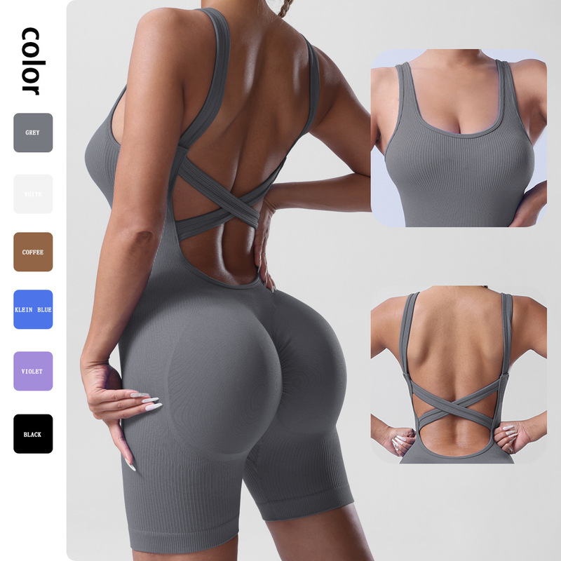 European and American Seamless Threaded Cross-Back Waist-Cinching Fitness Outdoor Sports Tight Yoga Jumpsuit in Alo Style
