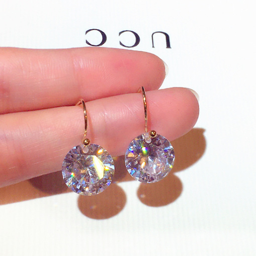 跨境韩版韩式时尚轻奢挂钩耳环简约超闪圆形水晶气质耳钩耳饰品女