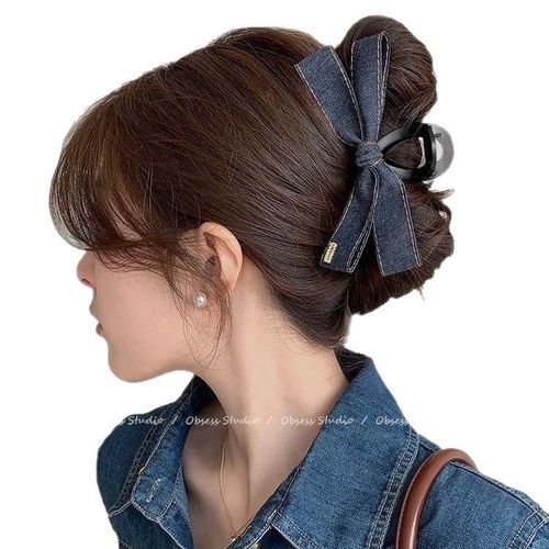 Korean fashionable denim bow tie clip 2025 new high-end hair clip back of the head large shark clip headwear