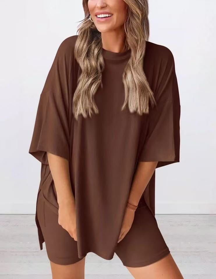 2025 Spring Summer European And American Cross-Border New Loose Fashion Solid Color Casual Short Sleeve Shorts_ecoleips.com