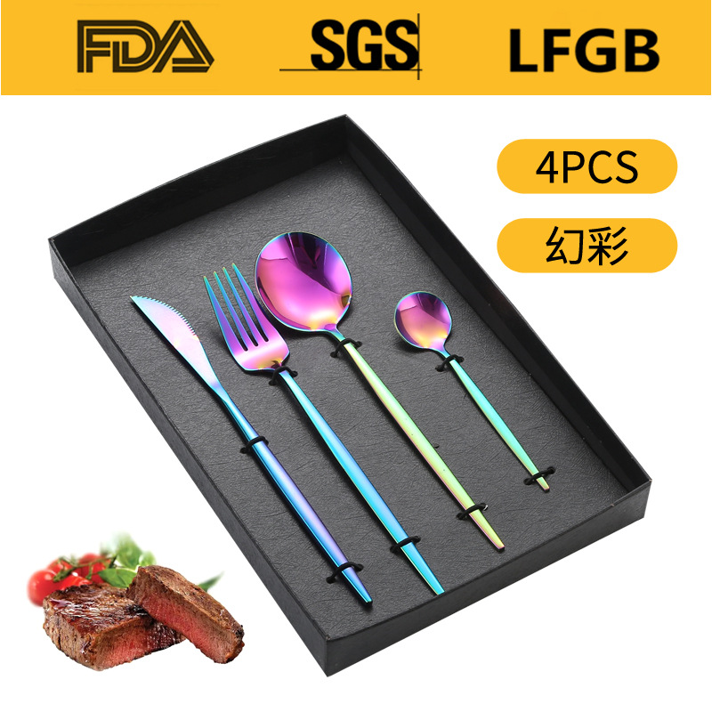 Portugal cuatro piezas principales caja de regalo comida occidental cuchillo, tenedor y cuchara traje Amazon vajilla de acero inoxidable 4/5 piezas traje