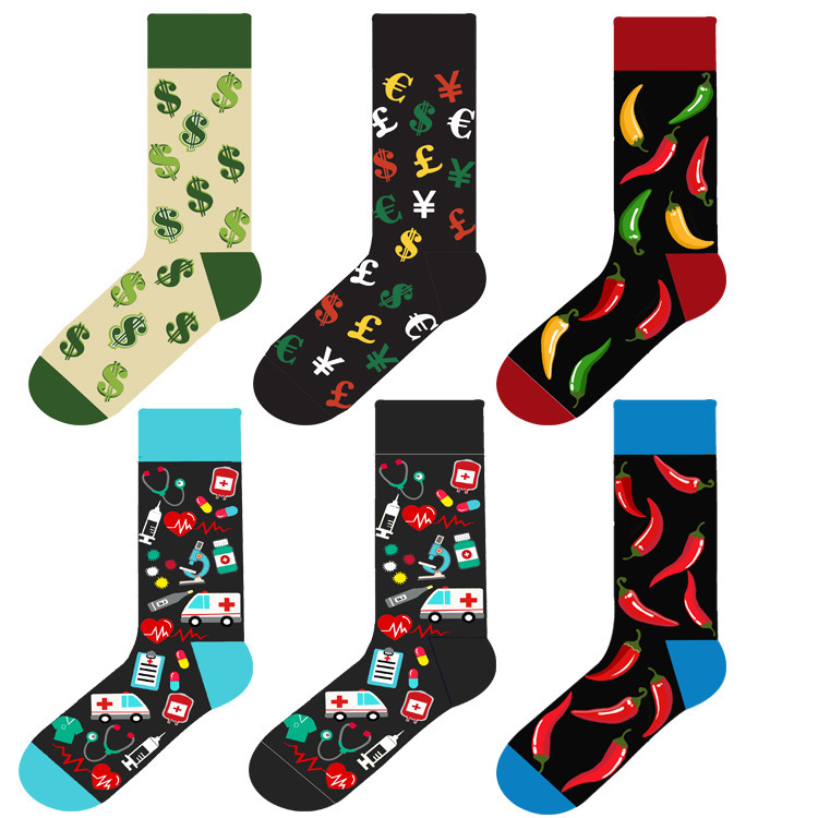 High-Quality Foreign Trade Cotton Cartoon I Love Dollars to Get Rich Hot Pepper Medical Supplies Pattern Mid-Tube Trendy Socks Flower Socks