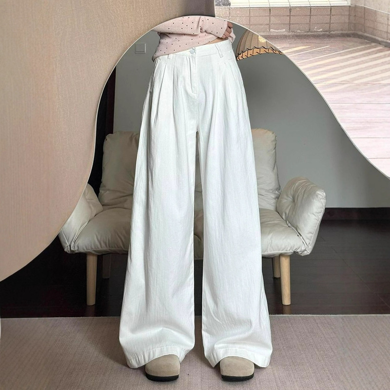 High-Waisted Off-White Wide-Leg Jeans for Women Summer 2025 New Style Petite Draped Pleated Loose Straight Floor-Length Pants High-Waisted Off-White Wide-Leg Jeans for Women Summer 2025 New Style Petite Draped Pleated Loose Straight Floor-Length Pants