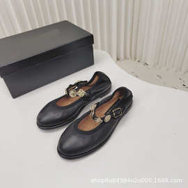 小香风玛丽珍单鞋女2024新款一字扣平底芭蕾舞鞋真皮浅口法式单鞋