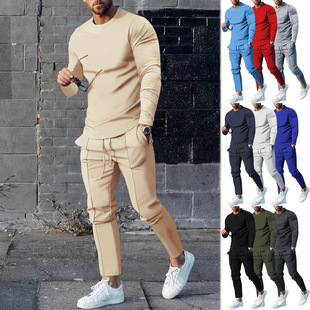 Cross-border e-commerce foreign trade spring and autumn men's sports suit men's outdoor sports long sleeve suit solid color tether